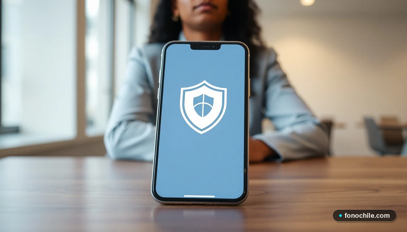 Smartphone mostrando un icono de escudo abstracto en su pantalla de bloqueo, concepto de seguridad digital.