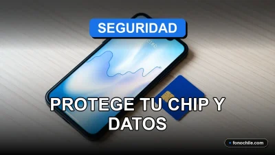 Primer plano de un chip SIM y un teléfono inteligente moderno sobre una mesa de madera, con gráficos abstractos de colores en la pantalla, representando la seguridad de datos móviles en Chile.