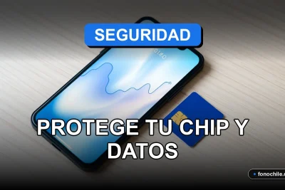 Primer plano de un chip SIM y un teléfono inteligente moderno sobre una mesa de madera, con gráficos abstractos de colores en la pantalla, representando la seguridad de datos móviles en Chile.