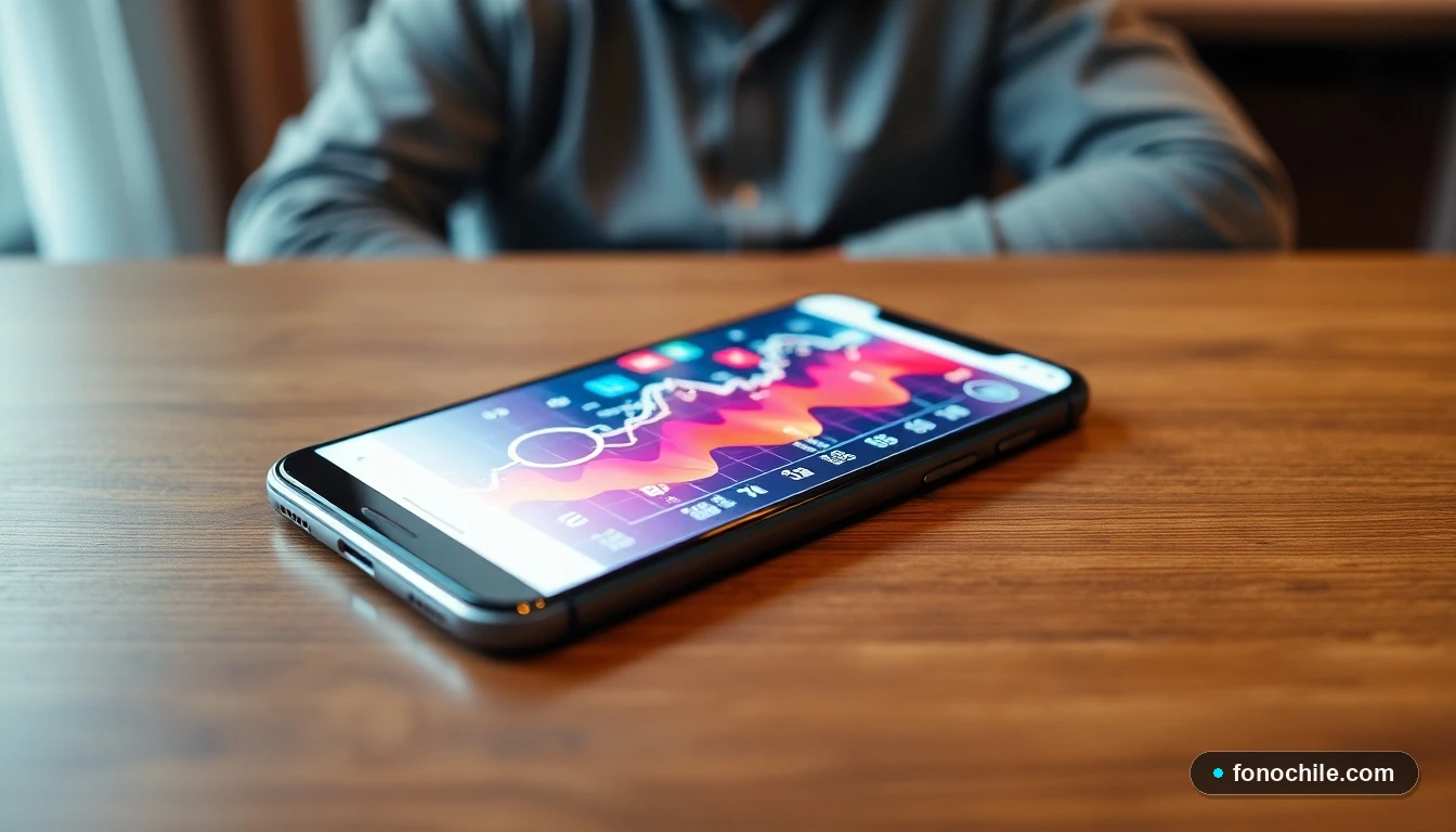 Smartphone en mesa mostrando gráfico abstracto de colores sobre seguridad de red móvil en Chile