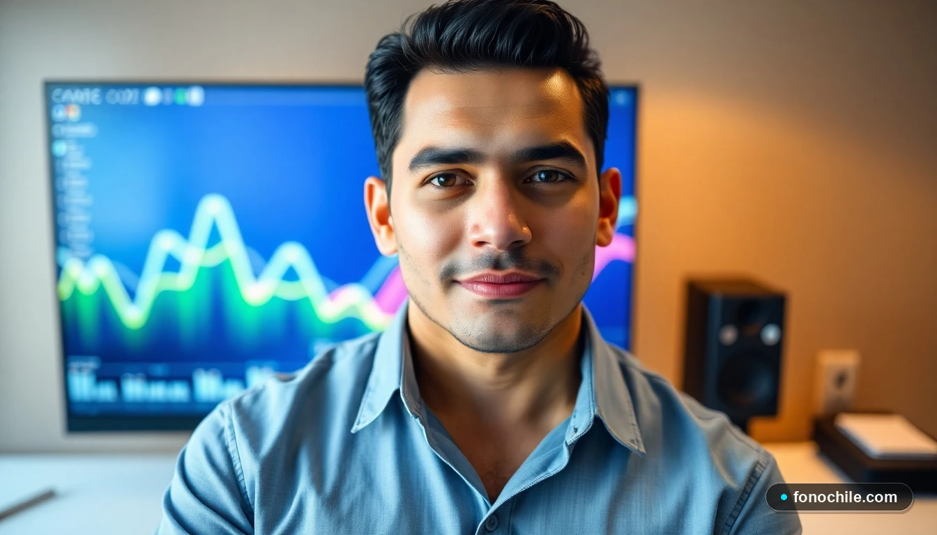 Hombre chileno consultando información sobre seguros de auto en una pantalla con gráficos de cobertura.