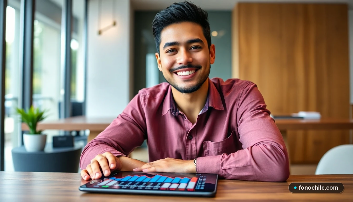 Hombre en Chile revisando gráficos de proyección financiera en una tablet, considerando la tranquilidad de un seguro de vida.