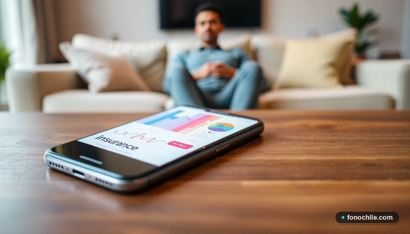 Smartphone mostrando gráficos de análisis de seguros para el hogar en un entorno doméstico moderno.