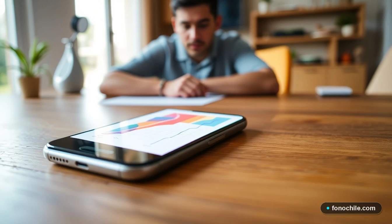 Smartphone mostrando gráficos de cobertura de seguros en un entorno hogareño en Chile