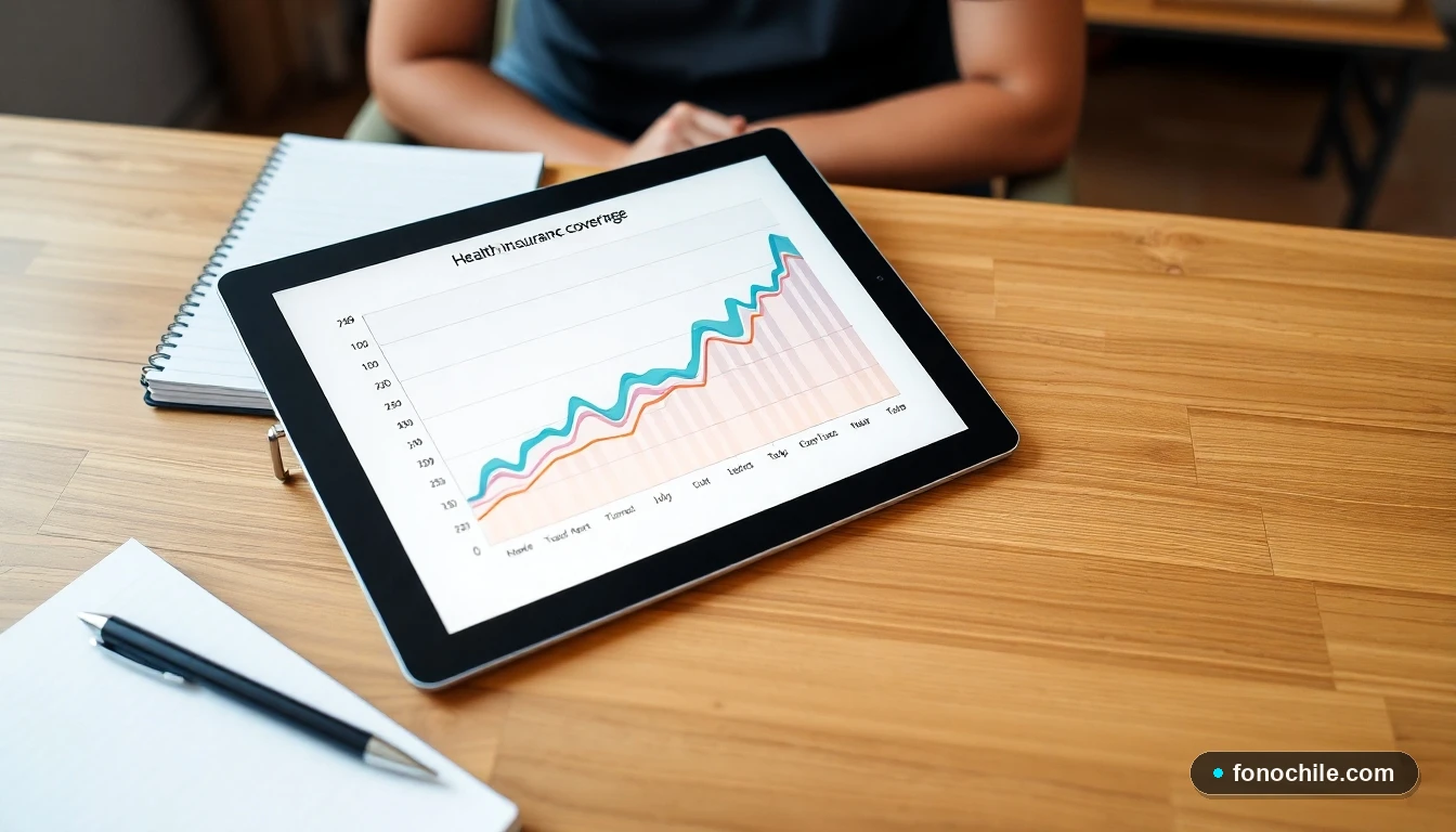 Gráfico abstracto de tendencias de cobertura de seguros de salud en una tableta sobre un escritorio.