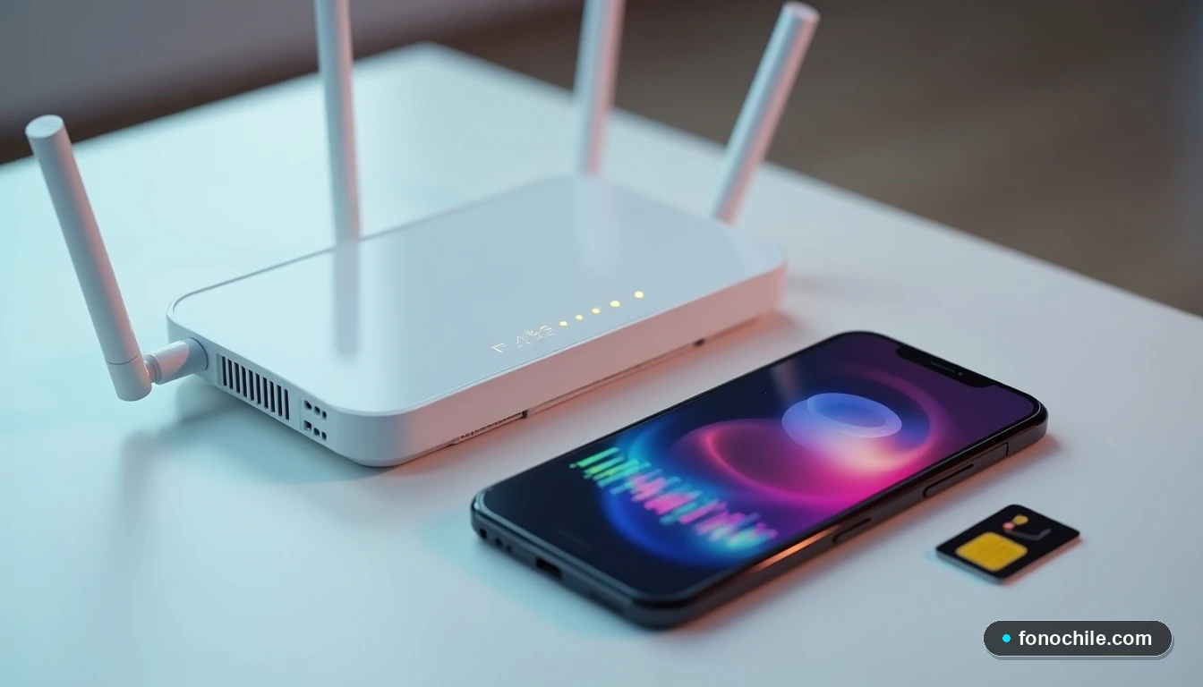 Smartphone displaying abstract data graphs next to a VTR router and a SIM card on a table.