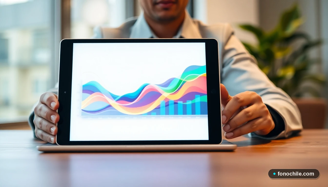 Tablet mostrando gráficos de diagnóstico de señal de televisión en colores vibrantes sobre una mesa de trabajo.