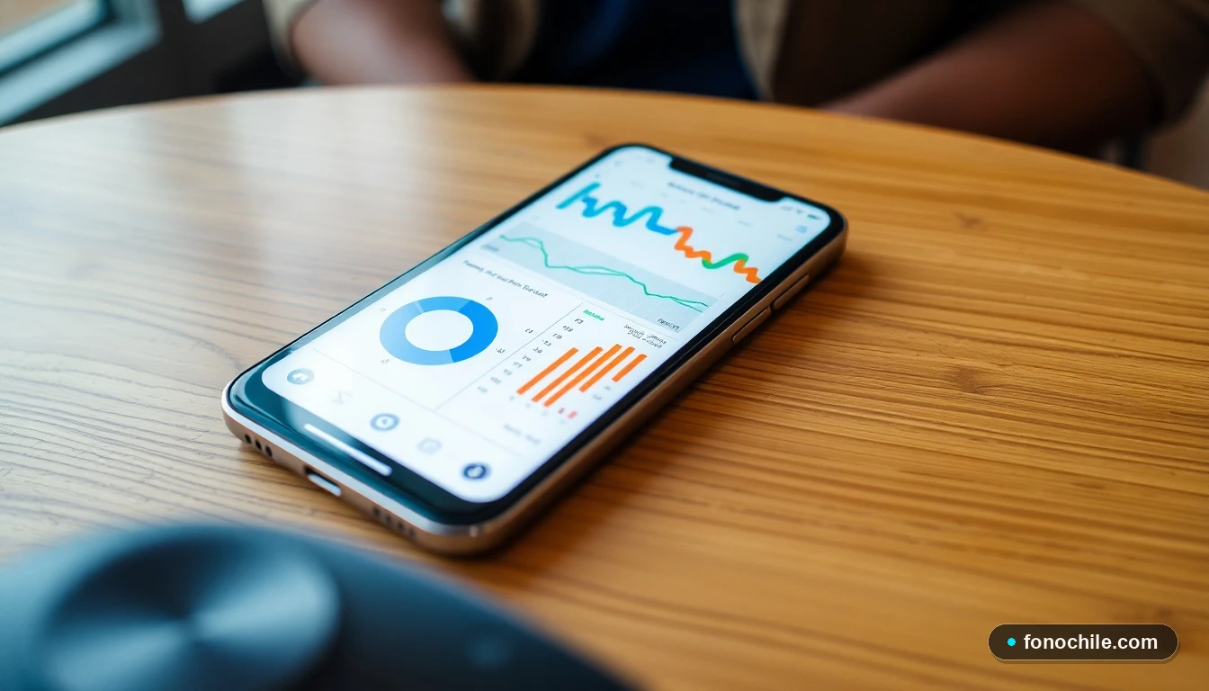 Smartphone mostrando gráficos abstractos de rutas y horarios de transporte interurbano en Chile.