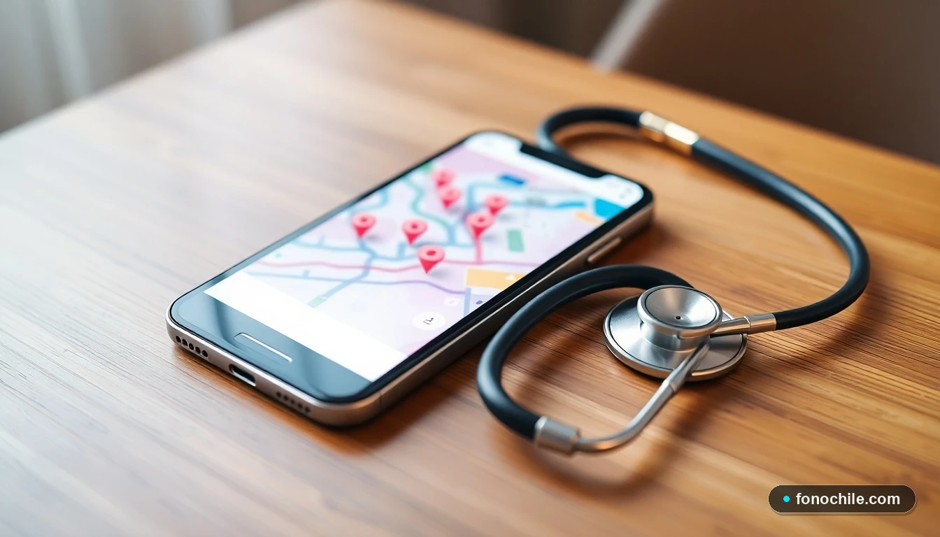 Smartphone mostrando un mapa de servicios médicos de urgencia en Chile con un estetoscopio al lado, concepto de salud digital.