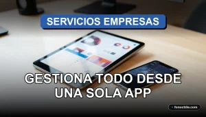 Una aplicación de gestión empresarial todo en uno mostrada en una tablet moderna sobre un escritorio de oficina.