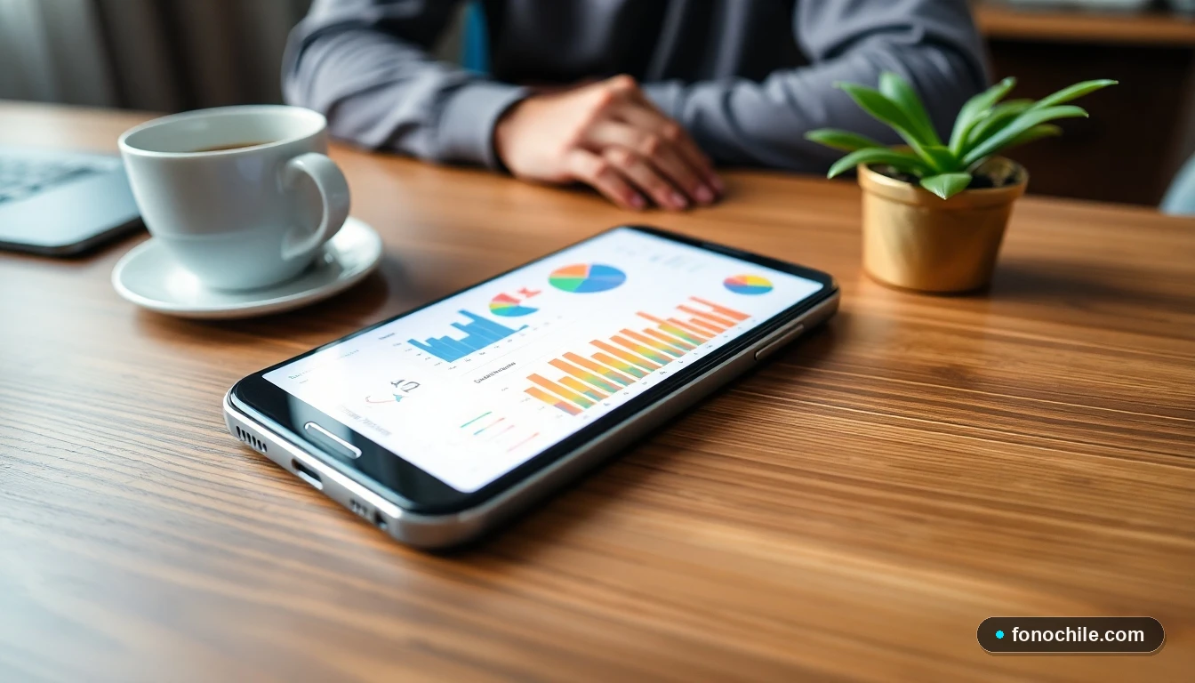 Smartphone mostrando un panel de control abstracto con gráficos de colores para la gestión empresarial en Chile