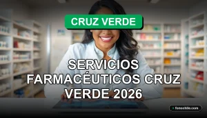 Profesional farmacéutico de Cruz Verde en consultorio moderno, mostrando servicio al cliente con tecnología y gráficos abstractos en pantalla.