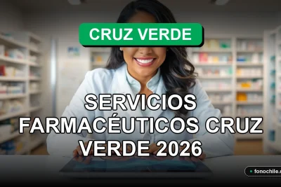 Profesional farmacéutico de Cruz Verde en consultorio moderno, mostrando servicio al cliente con tecnología y gráficos abstractos en pantalla.