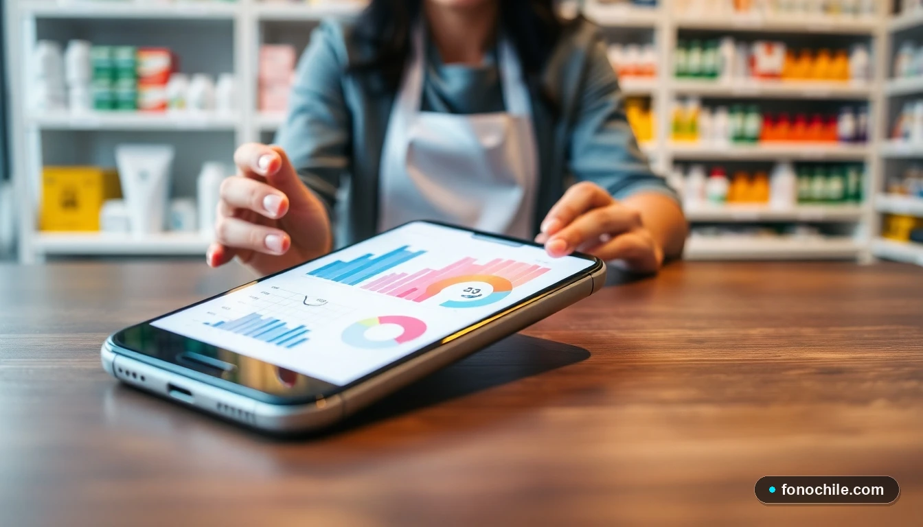Smartphone mostrando gráficos abstractos de métricas de salud en la aplicación de una farmacia moderna.