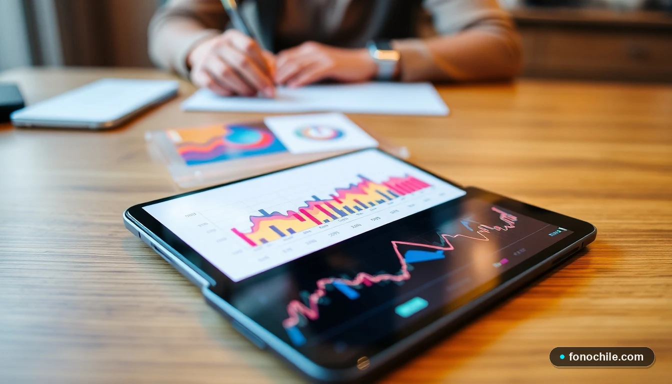 Gráficos de rendimiento y diagnóstico técnico en dispositivos móviles modernos sobre una mesa de trabajo.