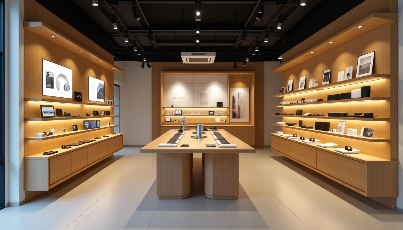 Interior moderno de la tienda de tecnología Sidemarket en Santiago, Chile, con gadgets exhibidos.