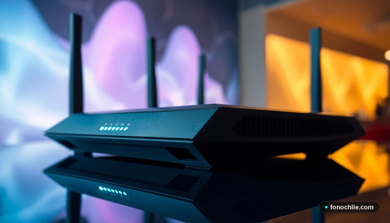 Detalle de router inalámbrico moderno con luces LED indicadoras, tecnología de conectividad Sidemarket Santiago.