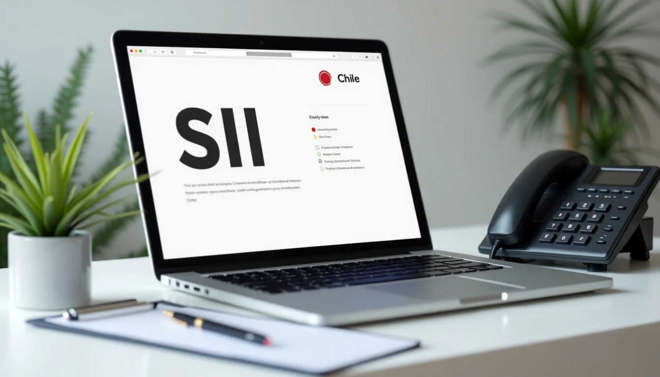 Escritorio con elementos para contactar al SII: teléfono, computador y notas.