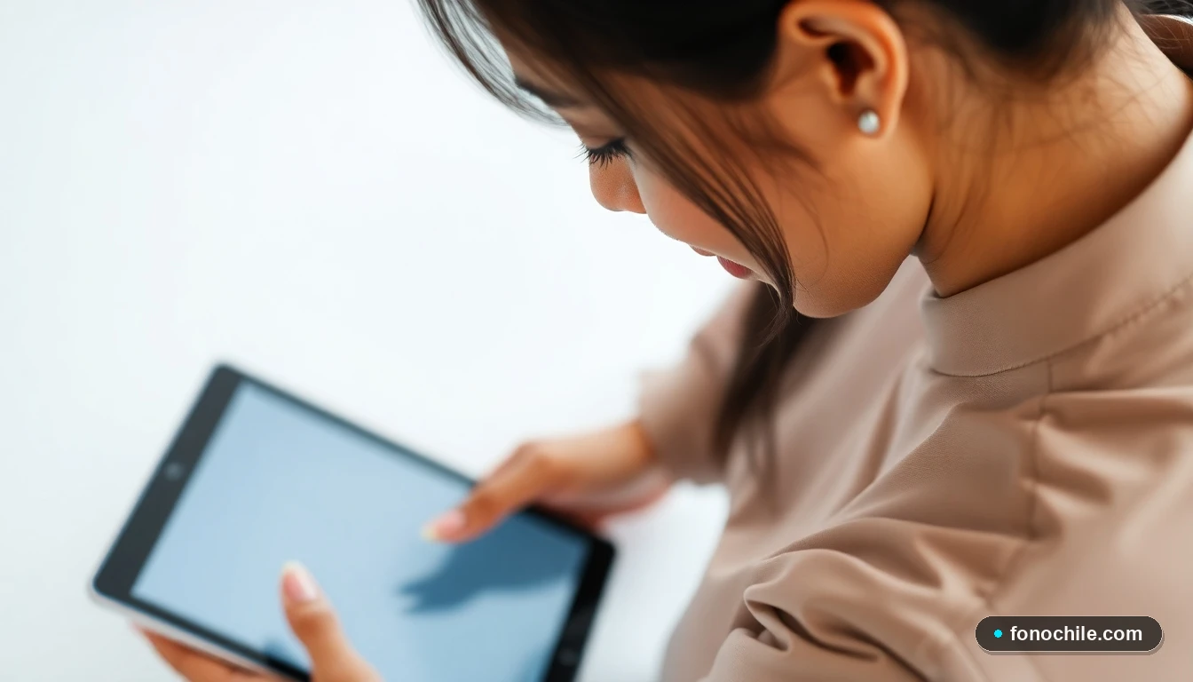 Vista cercana de una profesional del servicio al cliente del SII revisando información en una tablet, en un entorno de oficina moderno y luminoso.