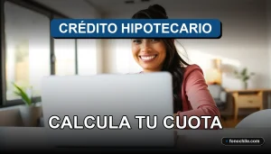 Una mujer hispana sonríe con confianza mientras usa un simulador de crédito hipotecario online en su laptop.