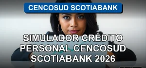 Simulador de crédito personal de Cencosud Scotiabank mostrando un gráfico de análisis financiero en una tablet moderna.