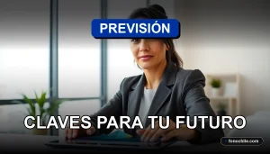 Una mujer profesional revisando gráficos abstractos de proyecciones previsionales en una tablet sobre un escritorio moderno.