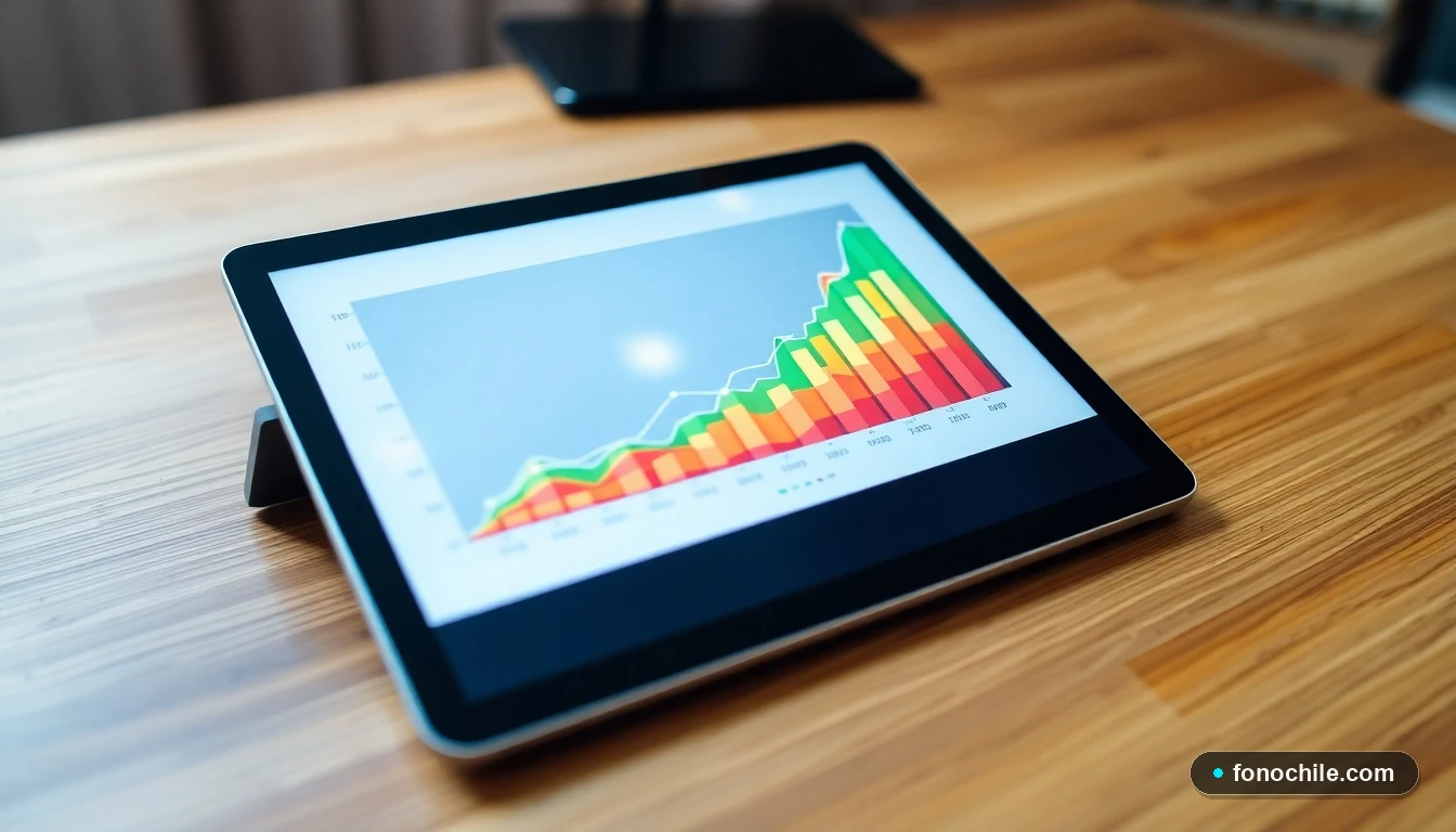 Visualización abstracta de datos de proyección de un fondo de pensiones en una tablet moderna, mostrando crecimiento y tendencias.