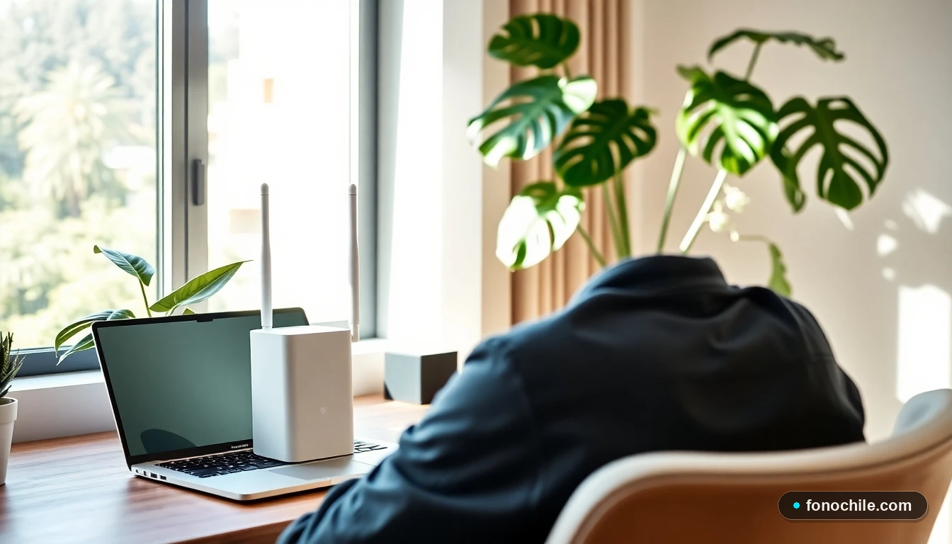 Nodo de sistema Wifi Mesh blanco moderno en un escritorio de departamento en Chile, mostrando cobertura de señal perfecta.