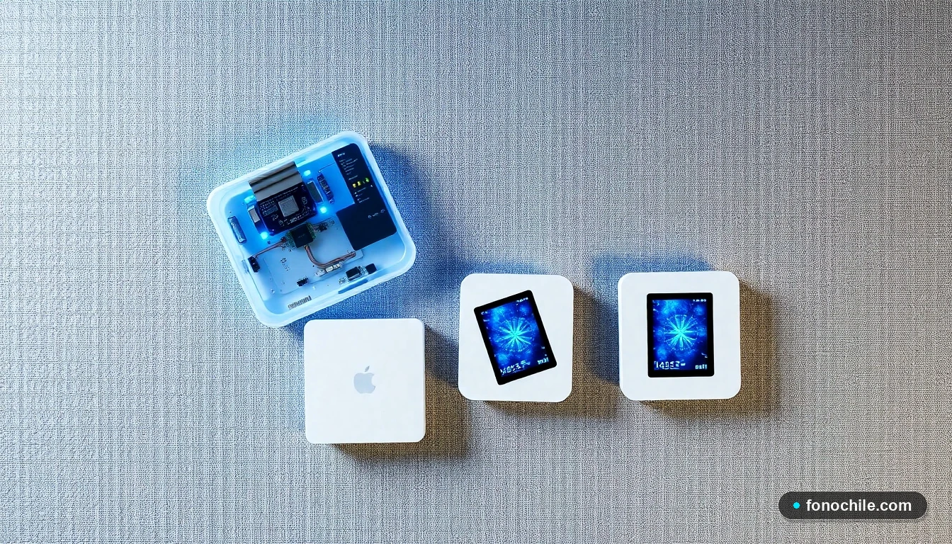 Vista superior de un sistema Wifi Mesh desplegado, mostrando un dispositivo con componentes internos iluminados en azul.