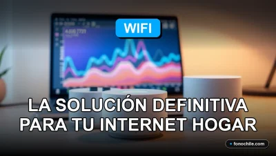 Un sistema de malla WiFi moderno en una mesa, con gráficos abstractos en una pantalla, representando cobertura total en el hogar.