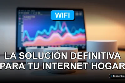 Un sistema de malla WiFi moderno en una mesa, con gráficos abstractos en una pantalla, representando cobertura total en el hogar.