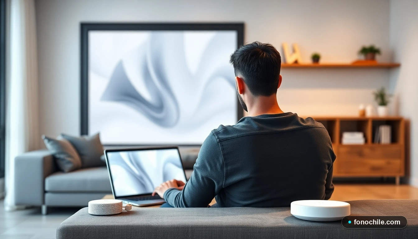 Sistema de malla WiFi proporcionando cobertura total en un living moderno en Chile, sin cables visibles.