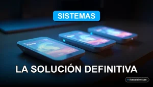 Tres nodos de un sistema Mesh WiFi moderno sobre una mesa de madera oscura, mostrando gráficos de conexión abstractos en sus pantallas.