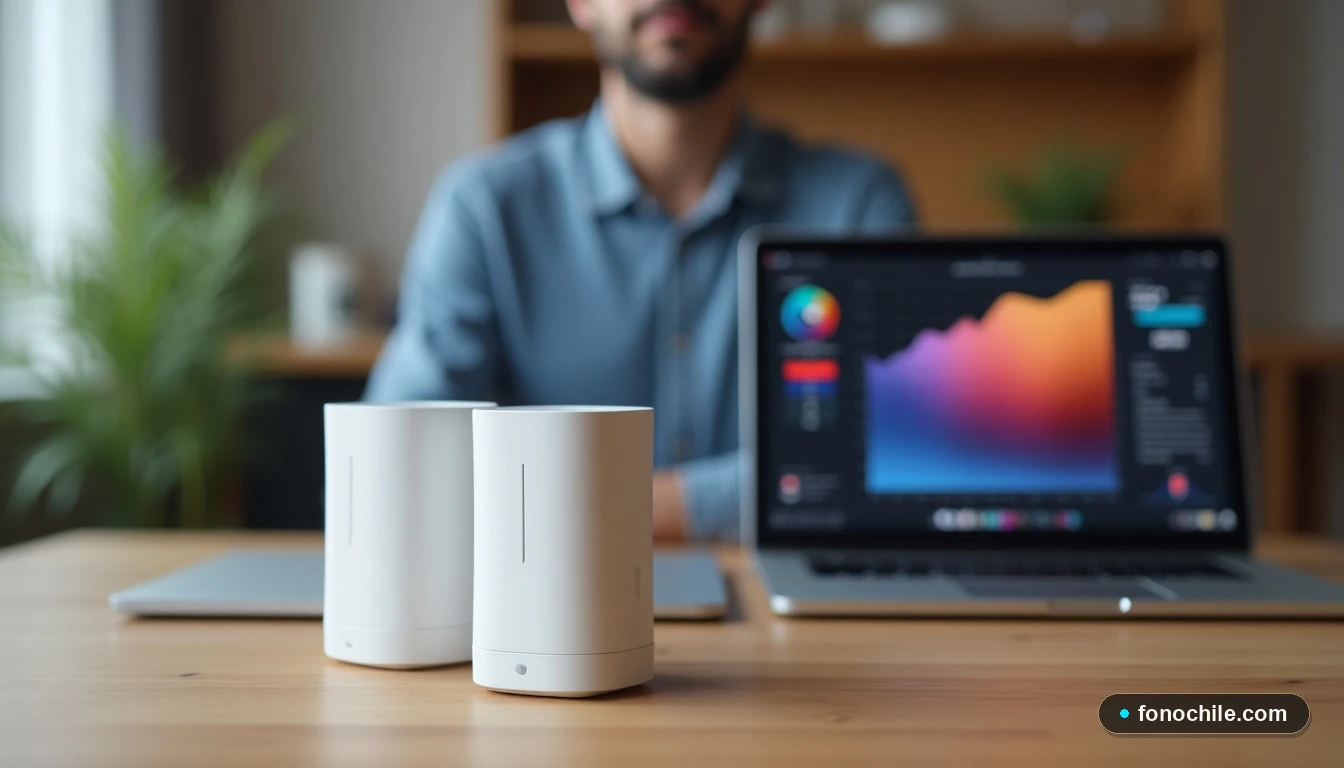 Sistema mesh WiFi moderno instalado en un hogar chileno mostrando cobertura perfecta en una pantalla con gráficos de velocidad