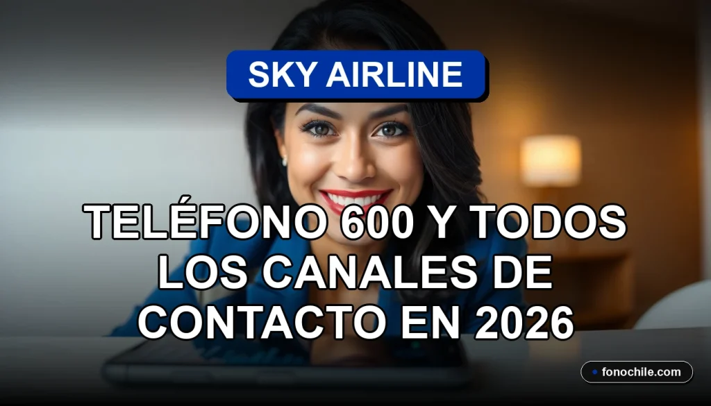 Una mujer latina sonriente, representando al servicio al cliente de Sky Airline, con un teléfono inteligente moderno mostrando gráficos abstractos de colores, descansando sobre una mesa limpia.