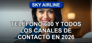 Una mujer latina sonriente, representando al servicio al cliente de Sky Airline, con un teléfono inteligente moderno mostrando gráficos abstractos de colores, descansando sobre una mesa limpia.