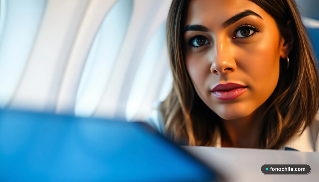 Primer plano de la agente de Sky Airline escuchando atentamente, con una tableta mostrando una interfaz genérica en el fondo desenfocado.