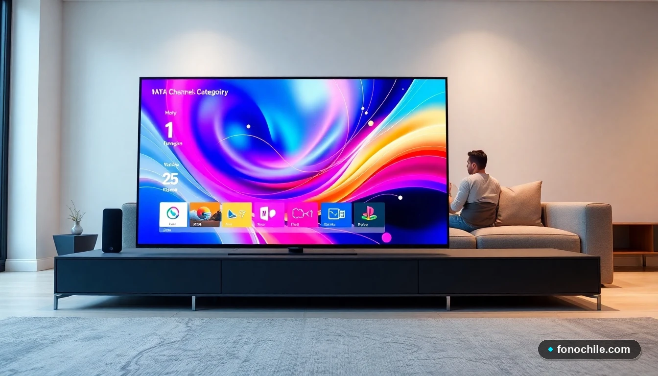 Pantalla de televisor mostrando una visualización abstracta y colorida de la programación y canales de Sky en un living moderno.