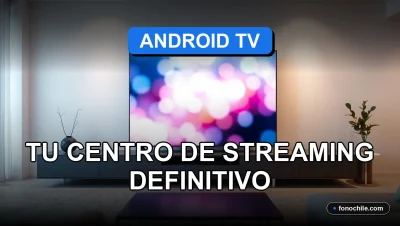 Un Smart TV Android TV moderno en un living chileno, mostrando gráficos abstractos en su pantalla, centro de streaming definitivo 2026.