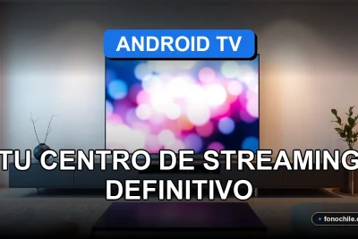 Un Smart TV Android TV moderno en un living chileno, mostrando gráficos abstractos en su pantalla, centro de streaming definitivo 2026.