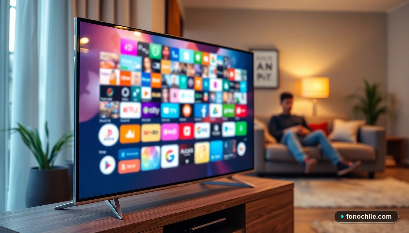 Smart TV Android TV mostrando una interfaz con aplicaciones de streaming en una sala de estar moderna.