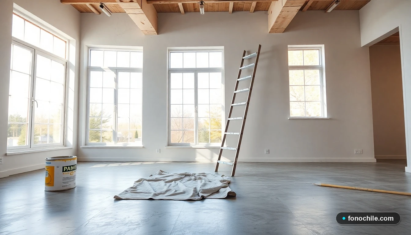 Spacious modern living room during renovation with ladder and supplies, Sodimac home project.