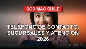 Una mujer latina sonriendo, representando el servicio al cliente de Sodimac Chile, con un teléfono inteligente mostrando gráficos abstractos de colores.