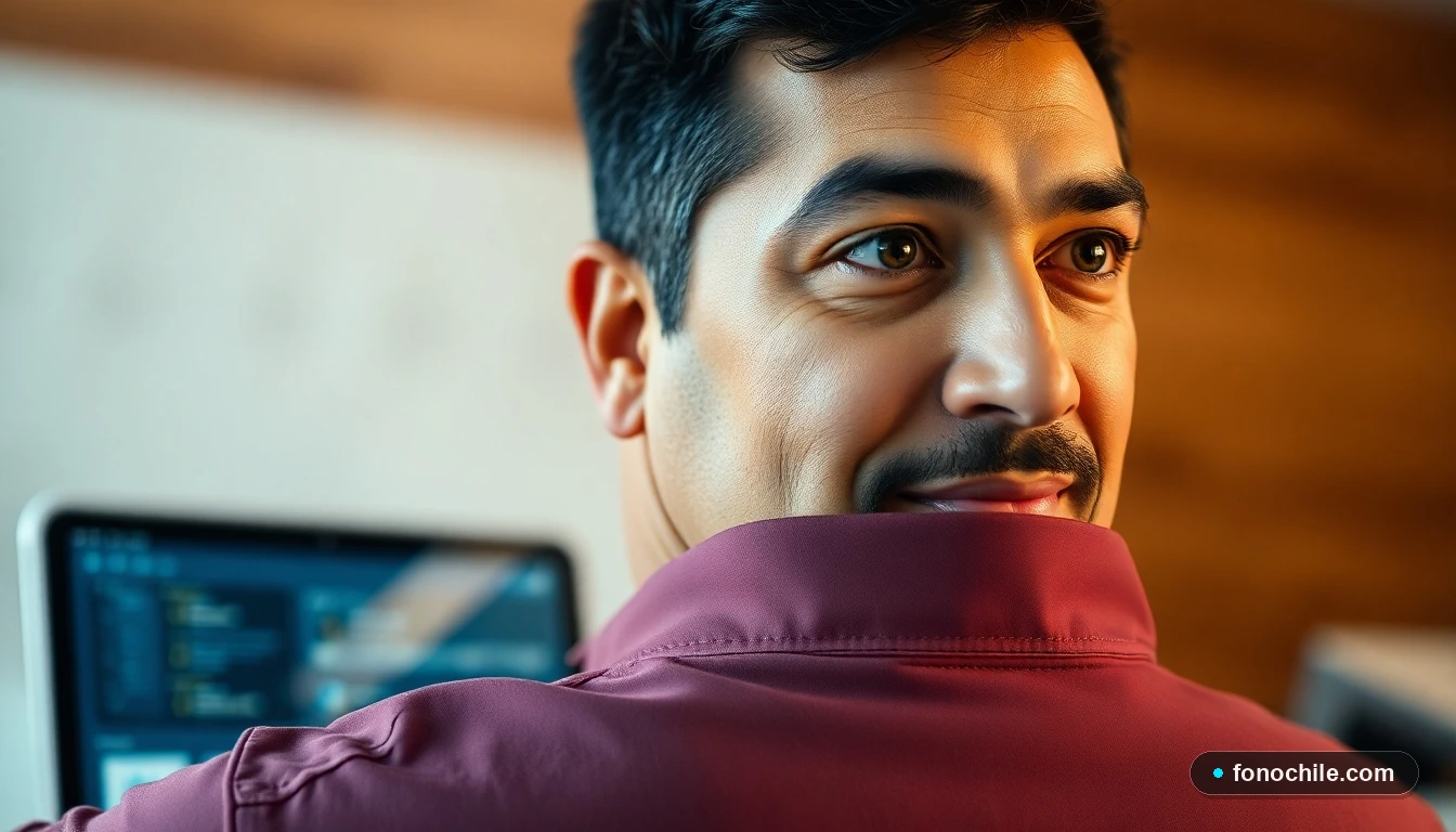 Un asesor hispano de Sodimac escuchando atentamente, con una tableta de fondo mostrando una interfaz genérica, representando la atención personalizada.