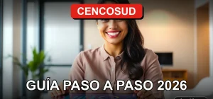 Una mujer hispana sonríe amablemente mientras consulta información sobre la tarjeta de crédito Cencosud en una tablet.