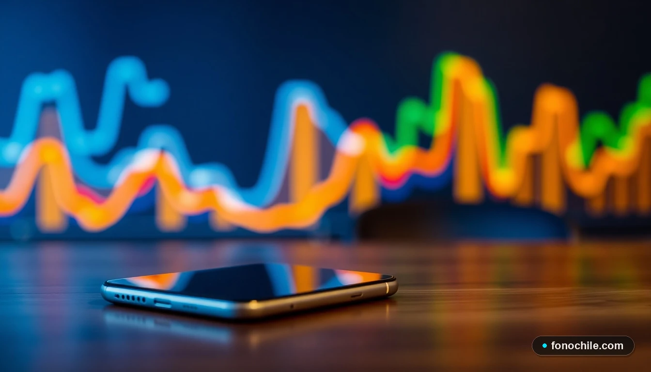 Gráfico abstracto de tendencias financieras reflejado en un smartphone sobre una mesa de madera.