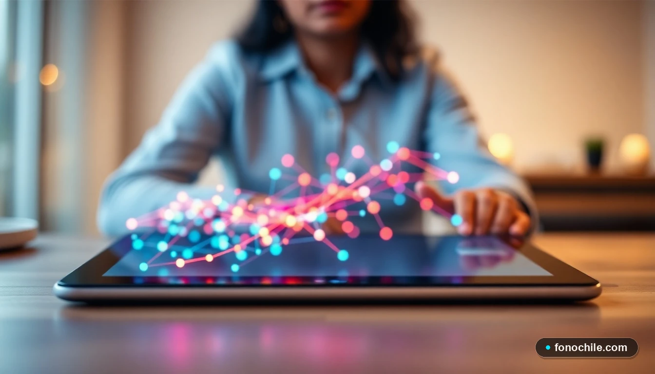 Gráfico abstracto de conectividad de red con ondas de señal y nodos de datos en una pantalla de tablet, representando solución de errores de conexión.
