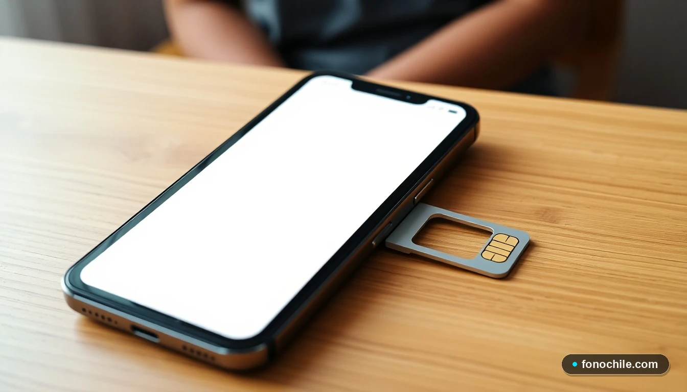 Tarjeta SIM nano junto a un teléfono móvil con la bandeja expulsada, mostrando el proceso de verificación física en Chile.