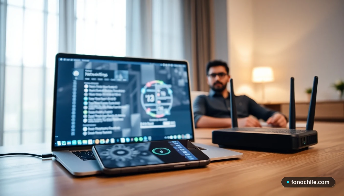 Configuración moderna del router de fibra óptica VTR en un hogar chileno, mostrando dispositivos conectados y señal óptima.