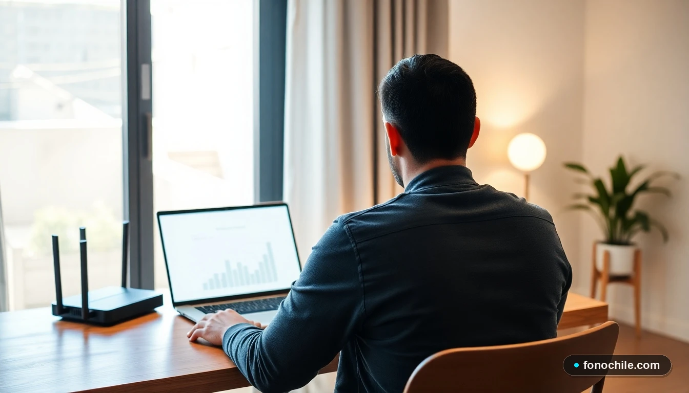 Hombre revisando resultados de prueba de velocidad de internet lento en su laptop en casa.